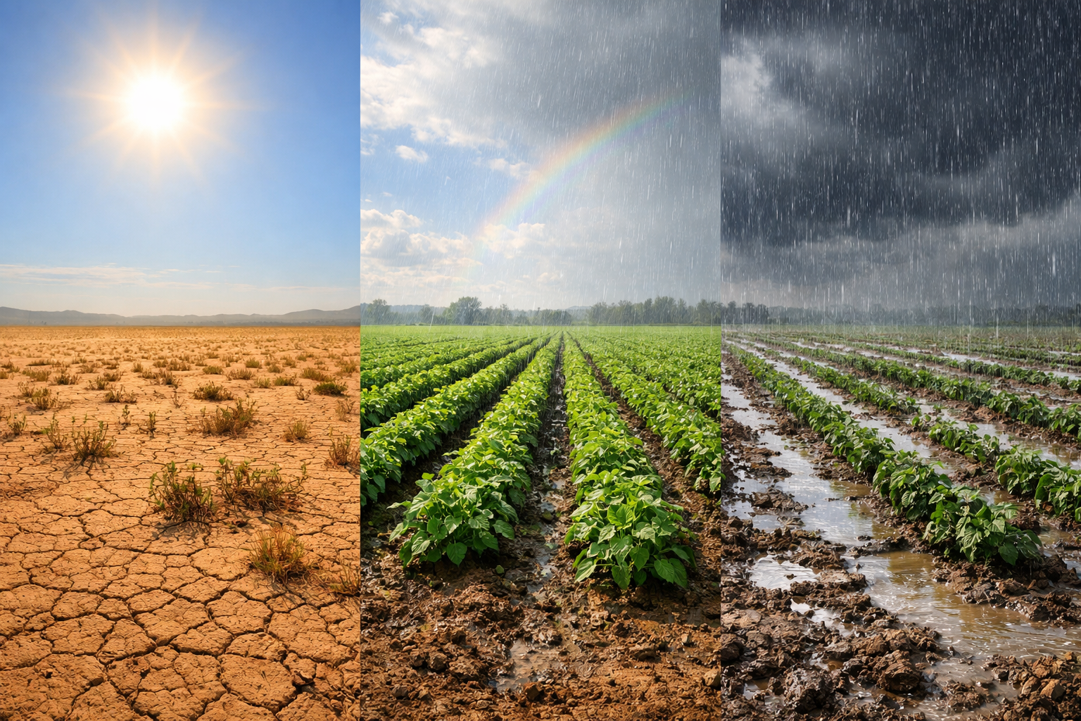 AN image of expansive fields of plant crops the sky goes from very sunny to light rain to heavy rain The ground is responsive to the sky above Going f
