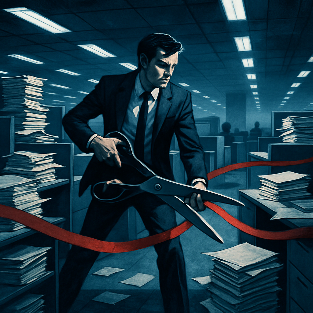 In a bustling modern office filled with towering stacks of paperwork and flickering fluorescent lights a determined figure dressed in a sleek business-1